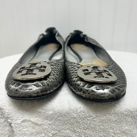 Tory Burch Reva Snakeskin Ballet Flats - Gray / Silver - Size 8 - Picture 2 of 5